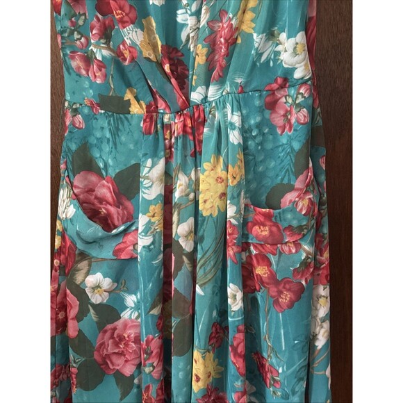 Evan Picone Lined Side Zip Dress Floral Teal Pockets Gathered Waist Size 14 - Picture 5 of 10